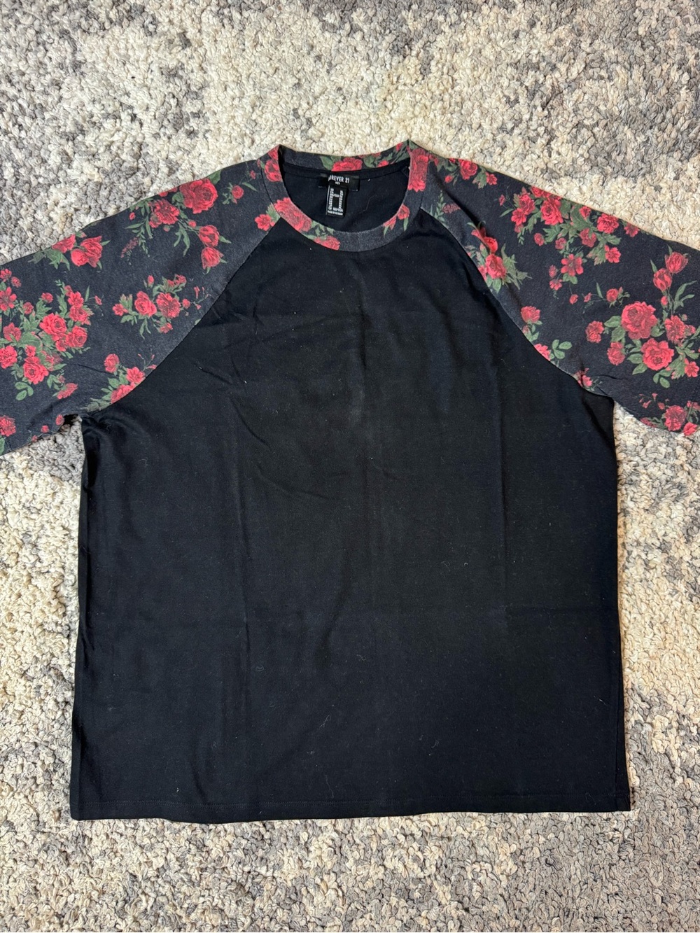Forever 21 Men, Men’s Rose Floral Sleeve on Black Men's Shirt, XL